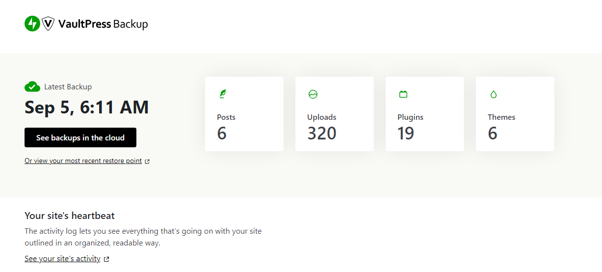 VaultPress Backup dashboard