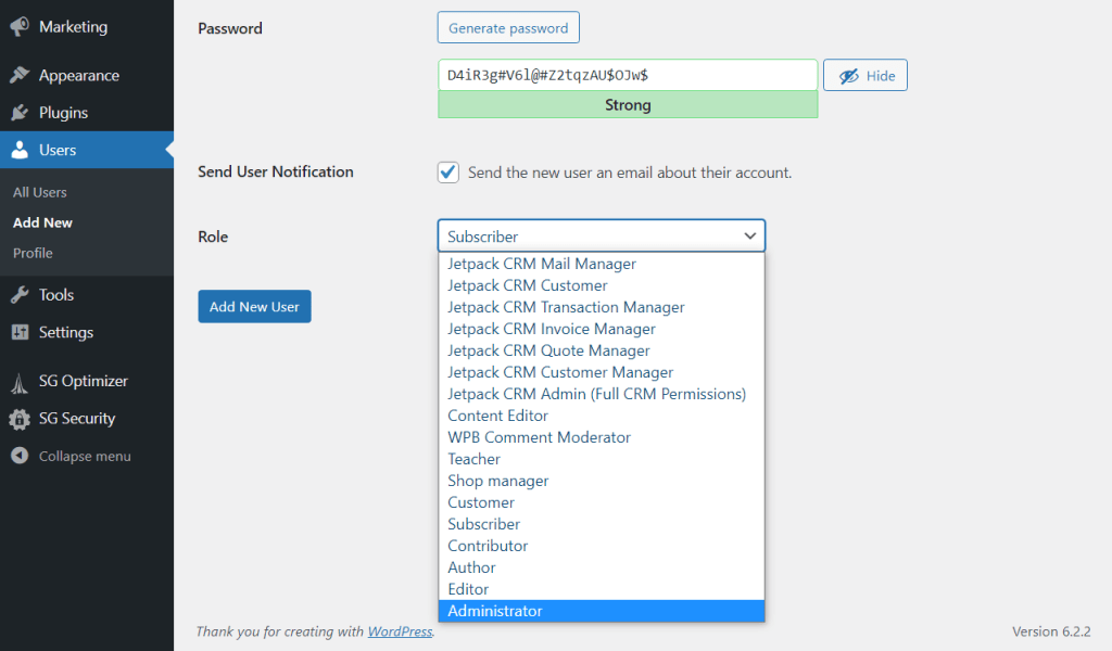 dropdown of available WordPress roles