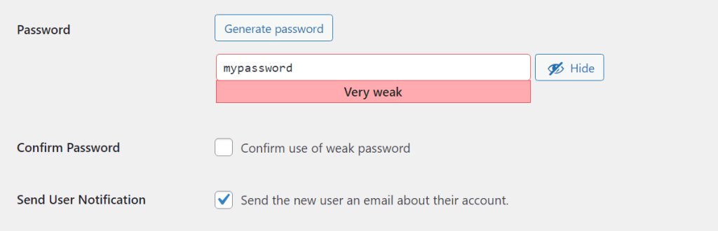 "weak password" notice in WordPress
