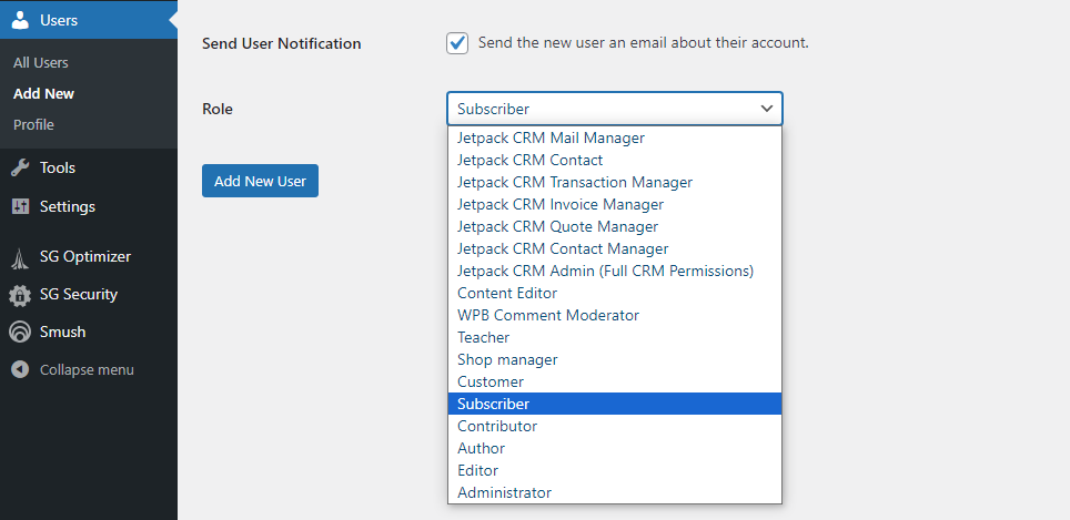 dropdown of WordPress user roles