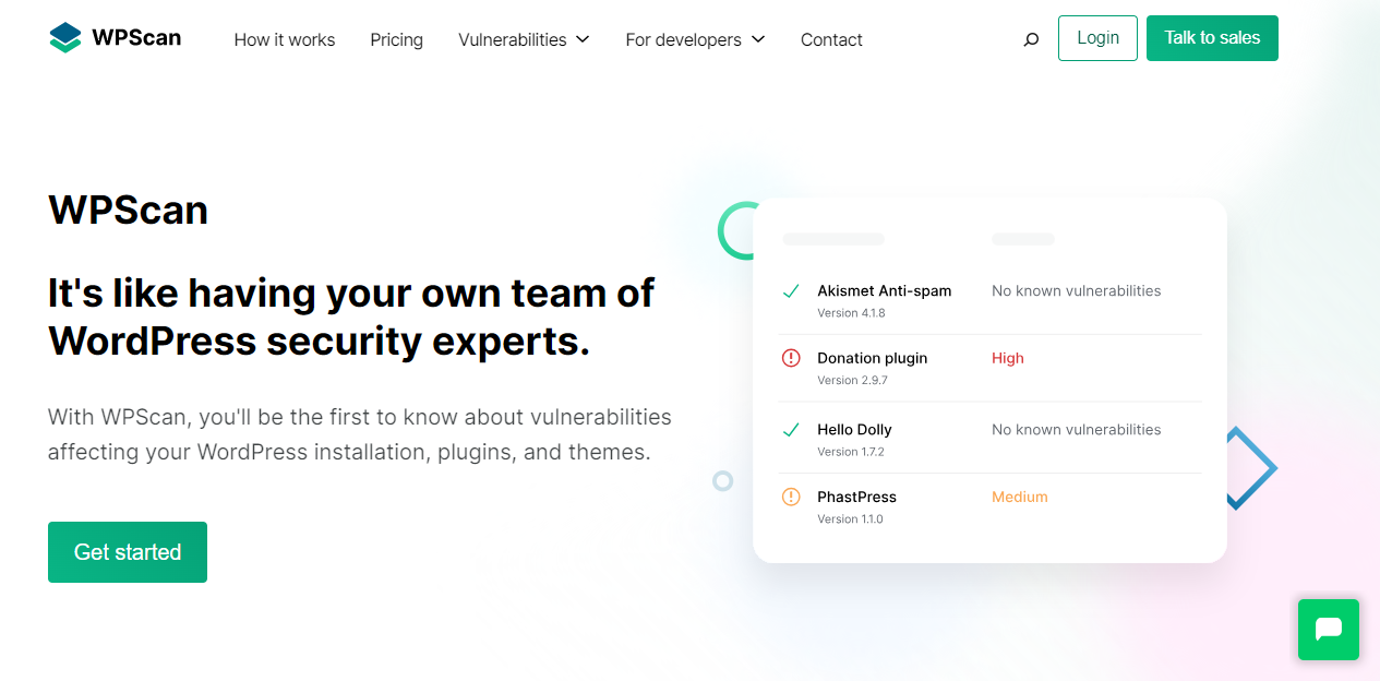WPScan homepage with the text "it's like having your own team of WordPress security experts."