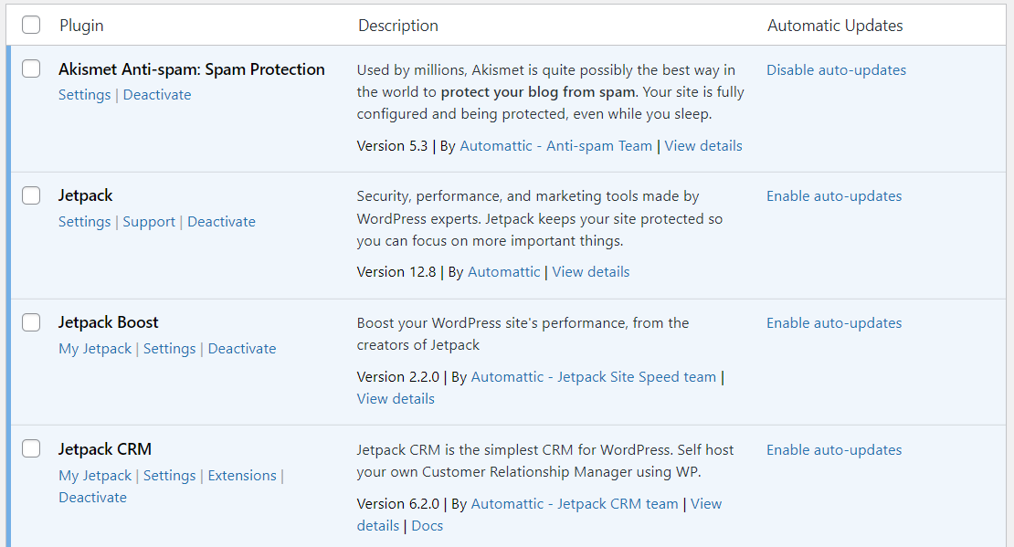plugins on a WordPress site, including Jetpack